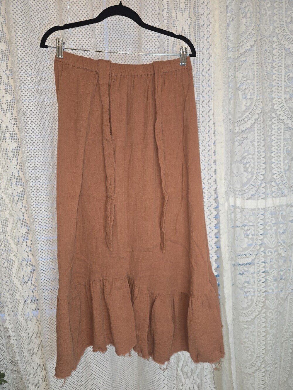 World Market Tiered Frayed Ends Elastic Waist Maxi Skirt, M/L Boho Skirt